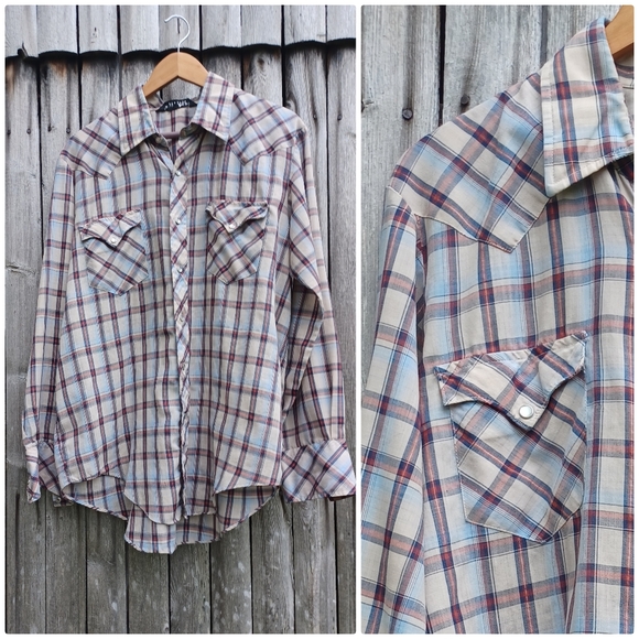 Vintage Other - Vintage 70s New Castle Apparel beige blue pearl snap front western shirt mens L